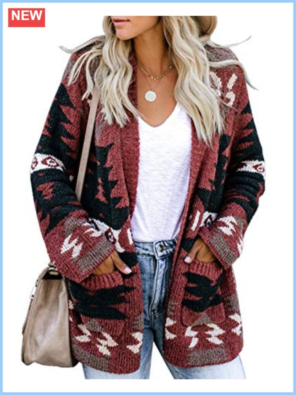 Women Boho Aztec Open Front Cardigan Loose Knit Sweater with Pockets